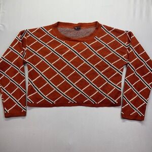 Argyle Sweater Cropped Knit Pullover Long Sleeve Top Fall‎ Fashion L Boho Aztec